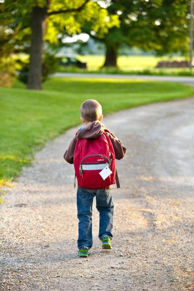 小男孩背着书包走在碎石路上